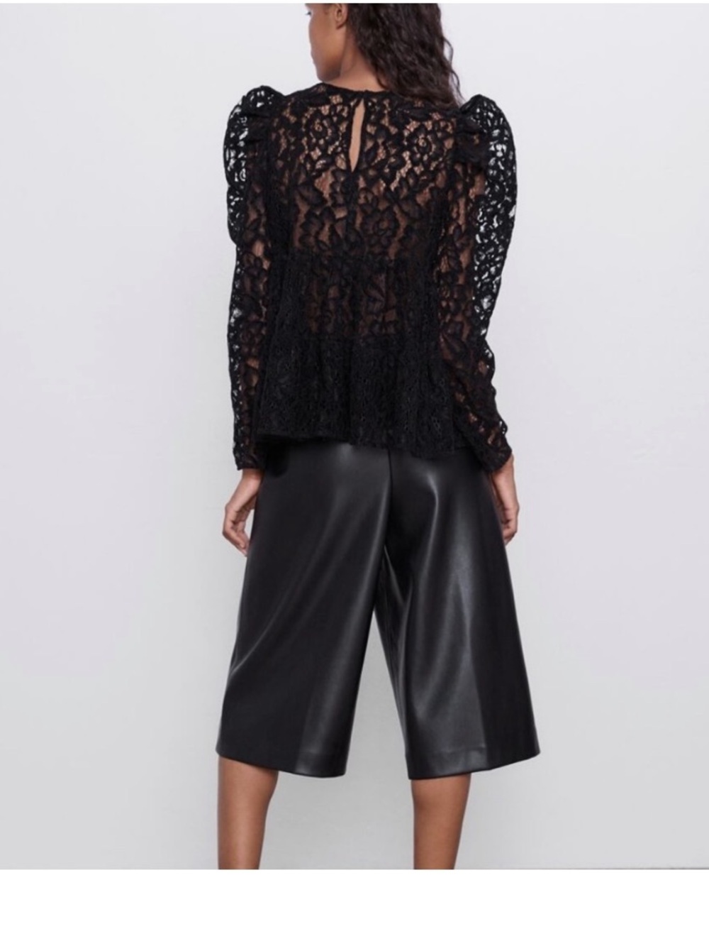 Zara Black Floral Lace Puff-Sleeve Empire Waist Peplum Top, Size Small - Picture 12 of 13